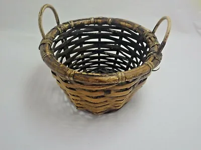 Vintage Woven Wicker Rattan Basket Round Brown 2 Handles Rustic  • $12.64