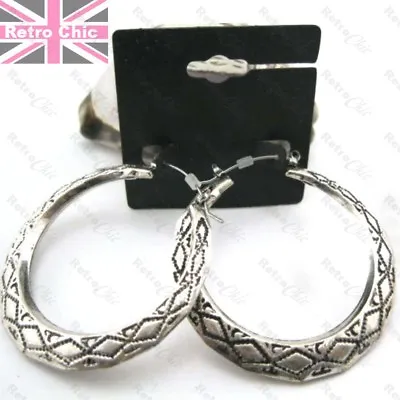 6cm RETRO CREOLE Gold/antique Silver Plated HOOP EARRINGS Bamboo 2.25 BIG HOOPS • $3.42