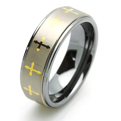 Men 8MM Comfort Fit Tungsten Carbide Wedding Band Gold Tone Celtic Cross Ring • $29.99