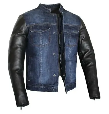  Motorcycle Mens Blue Denim Leather Collared Biker Style Concealed Carry Jacket • $149.99