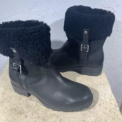 UGG Australia Women's 1914 Bellvue Sheepskin Leather Winter Boots Black Moto 8.5 • $44.99