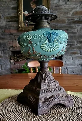 VERY RARE- Antique Duplex Opaline Glass And Cast Iron Base Twin Wick Oil Lamp • £78