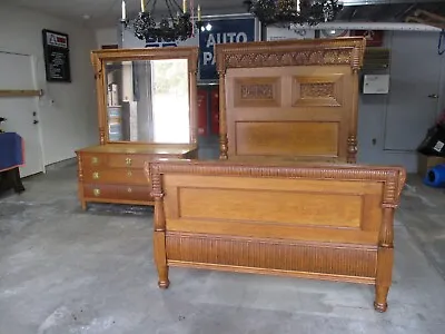 Antique Victorian Full Double Heavy Carved Quarter Sawn Oak Ornate Bedroom Set • $1725