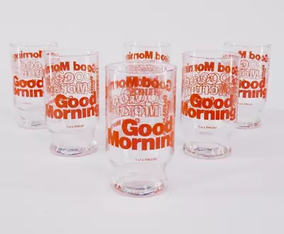 6 Pc ViNTAGE 4  MCM MOD 70s ORANGE GRAPHiC  GOOD MORNiNG  6oz JUiCE GLASS SET • $19.95