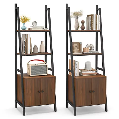 2 PCS Ladder Shelf Industrial Bookcase W/Cabinet Metal Frame For Living Room • $254.99