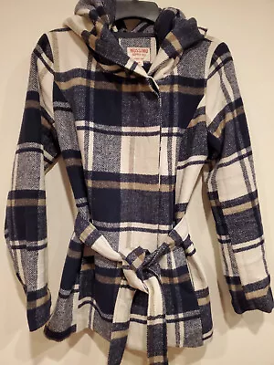 Mossimo Womens Jacket Wool Blend Size S Blue Plaid Lined Button Tie Hood • $15
