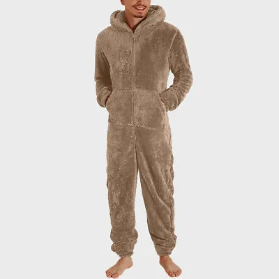 Mens Fleece Fluffy Hooded Jumpsuit 1Onesie Pajamas Bathrobe Loungewear Romper • £20.39