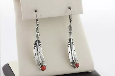 Vintage 925 Sterling Silver Navajo Textured Feather Coral Tip Dangle Earrings • $49.99