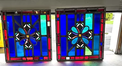 Vintage Stained Glass Window Panel In A Metal Frame Pair 26in X 28in Salvaged • $599