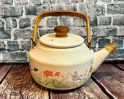 Vintage Floral Enamelware Tea Pot Kettle Metal - Wood Handle Cottagecore  • $22.95