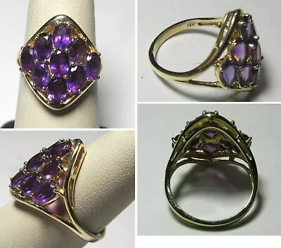 C1688 Vintage 14K Solid Yellow Gold 4ctw Oval Purple Amethyst Cluster Ring Sz 7 • $325