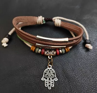 Leather Adjustable Bracelet Hamsa Hand Charm Bracelet Friendship Party Gift • £2.99