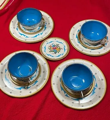 Vintage Ohio Art Co Child's METAL TOY Dishes Tea Set 13 Pcs. Blue Flower Design • $23