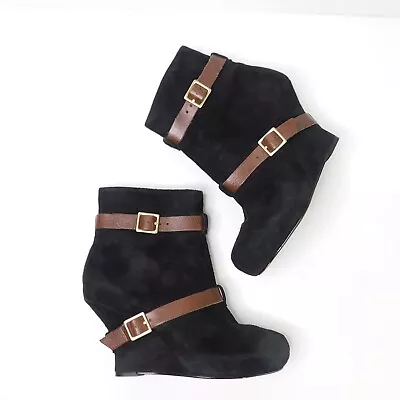 MISS ALBRIGHT Black Suede Navette Ankle Boots Booties Wrapped Wedge ~ Size 6 • $27.96
