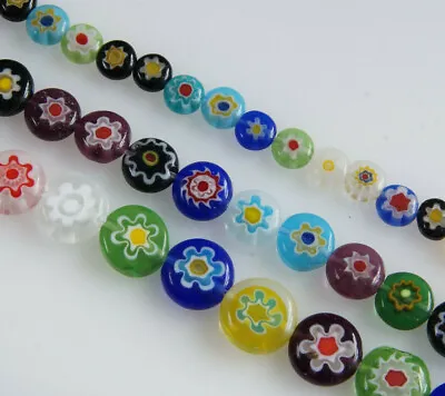 MIXED~FLAT ROUND~MILLEFIORI~GLASS BEADS~CHOOSE SIZE63x6mm40x8mm30x10mm20x12m • £2.79