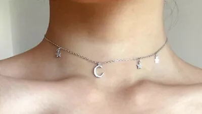 Women 925 Sterling Silver Silver CZ Moon & Star Choker Chain Necklace 12-15  • $15.99