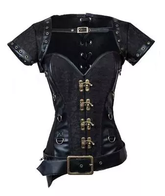 Charmian Womens Steampunk Steel Bone Black Lace Trim Overbust Corset With Jacket • $47.99