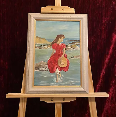 Original Oil Painting Red Dress Girl Paddling At Sea Shore Art Signed • £39.99