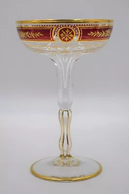 Moser Raised Gold & Enameled Red & Gold Wine - Coupe Champagne Glass C 1920 • $275