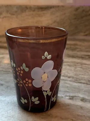 1890 Victorian Amethyst Glass Panelled Moser Czech Tumbler Hand Painted Flowers  • $18