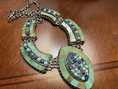 WOW Massive Inlaid Turquoise Sterling Silver Statement Necklace 129g Gorgeous! • $99