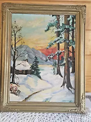 Oil Painting 16 X 12  Signed  Winter Snow Cabin Mountains Evergreens 19x15  Wood • $59
