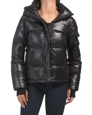 NWT S13 NY Ella Down Fill Glossy Puffer Coat Detachable Hood Jet Black Jacket *M • $119.99