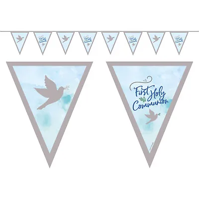 First Holy Communion Blue Silver Foil Dove Paper Bunting Garland Party Banner 4m • £5.99