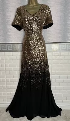 QUIZ Black / Gold Sequins Full/Long /MAXI Evening/Occasion/prom DRESS SIZE 22 • £7.77