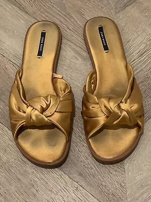 Zara Flat Gold Satin Open Toe Sandals With Knot Detail • $28