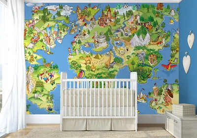 Kids Wallpaper Map Of The World Wall Mural For Childrens Room & Nursery Blue • $77.23