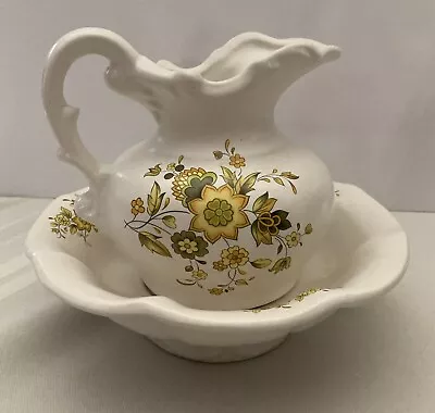 Vintage McCoy Ceramic Pitcher And Bowl Set Yellow Flowers With Beige Background  • $22.25