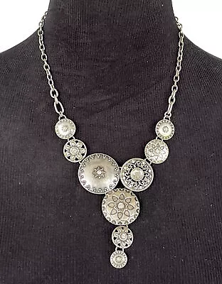 Silver Filigree Medallions Statement Necklace Bib Faux Rhinestones Asymmetric • $10