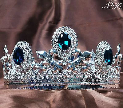 Blue Crystal Men Crown Imperial Medieval Tiara Headband Pageant Party Costumes • $37.45