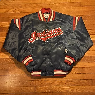 Vintage 90s Cleveland Indians Blue Alternate Nylon Starter Jacket Sz M MLB • $44.99