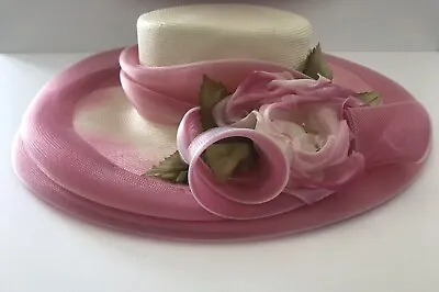 Marzi Firenze Pink & Beige Wide Brim Straw Hat With Floral Headband! • $165