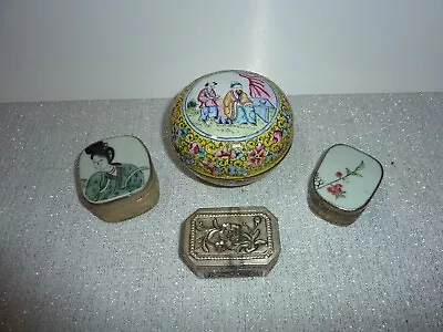 Lot Of 4 Lovely Embossed Metal Trinket Boxes Cloisonne Metal + Porcelain Painted • $24.99