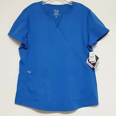 NRG By Barco Scrub Top Womens XL NEW Stretch 2 Pocket Mock Wrap Solid New Royal • $18.95