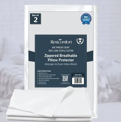 2 Pack Zipper Pillow Protector Breathable 400 TC 100% Long Staple Cotton • $23.99