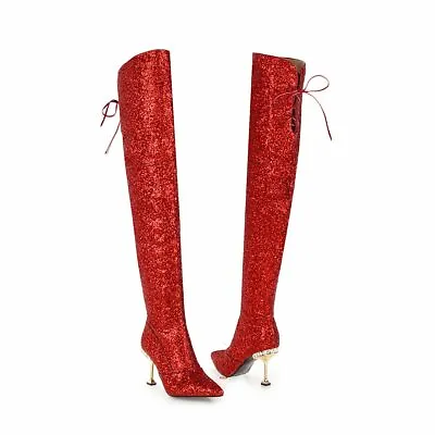 Womens High Stiletto Pointy Toe Sequins Glitter Lace Up Over Knee High Boots New • $113.95