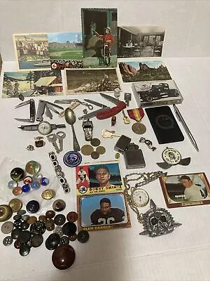 VTG Junk Drawer Lot Pocket Knives Masonic Marbles Buttons Post/baseball Cards • $15.50