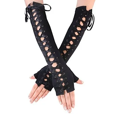  Womens Fingerless Gloves Elbow Lace Up Steampunk Costume Arm Warmer  • $20.23