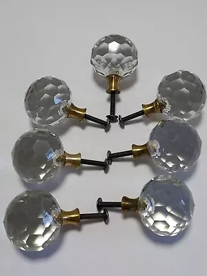 VTG 1.5   Diameter Crystal & Brass Faceted Cabinet Drawer Pulls Lot Of 7 • $35