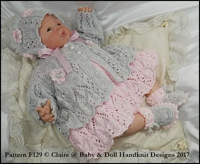 Babydoll Handknit Designs Knitting Pattern F129 Lacy Set 16-22  Doll 0-3m Baby • £3.99