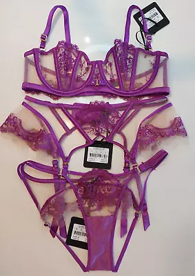 Brand New Honey Birdette Gabrielle Orchid  Bra 10C  Suspender S & Brief XS • $269