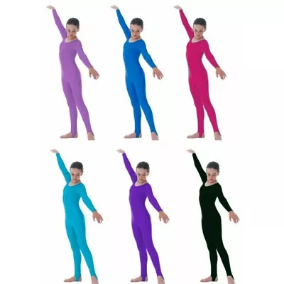 £15.99 • Buy Girls Shiny Nylon  Stirrup Foot Long Sleeve Catsuit-Kids Dance, Gymnastics 