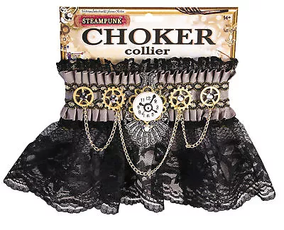 Steampunk Victorian Black Ruffled Lace Choker With Gears Forum Novelties • $16.95