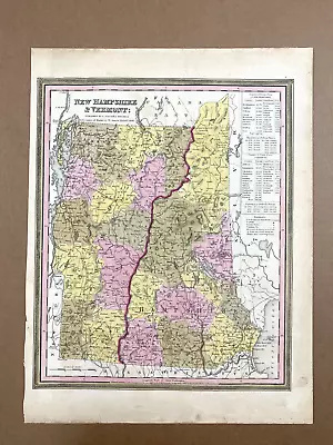 1846 Mitchell's Atlas Original New Hampshire Vermont  Map 14 X17  Hand Color • $75