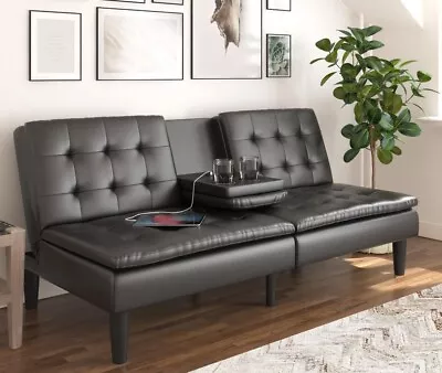 Mainstays Memory Foam Futon With Cupholders And USB Black Faux Leather • $349.99