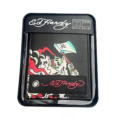 Ed Hardy BiFold Black Faux Leather Wallet Grim Reaper Skull Tattoo New In Box • $29.95